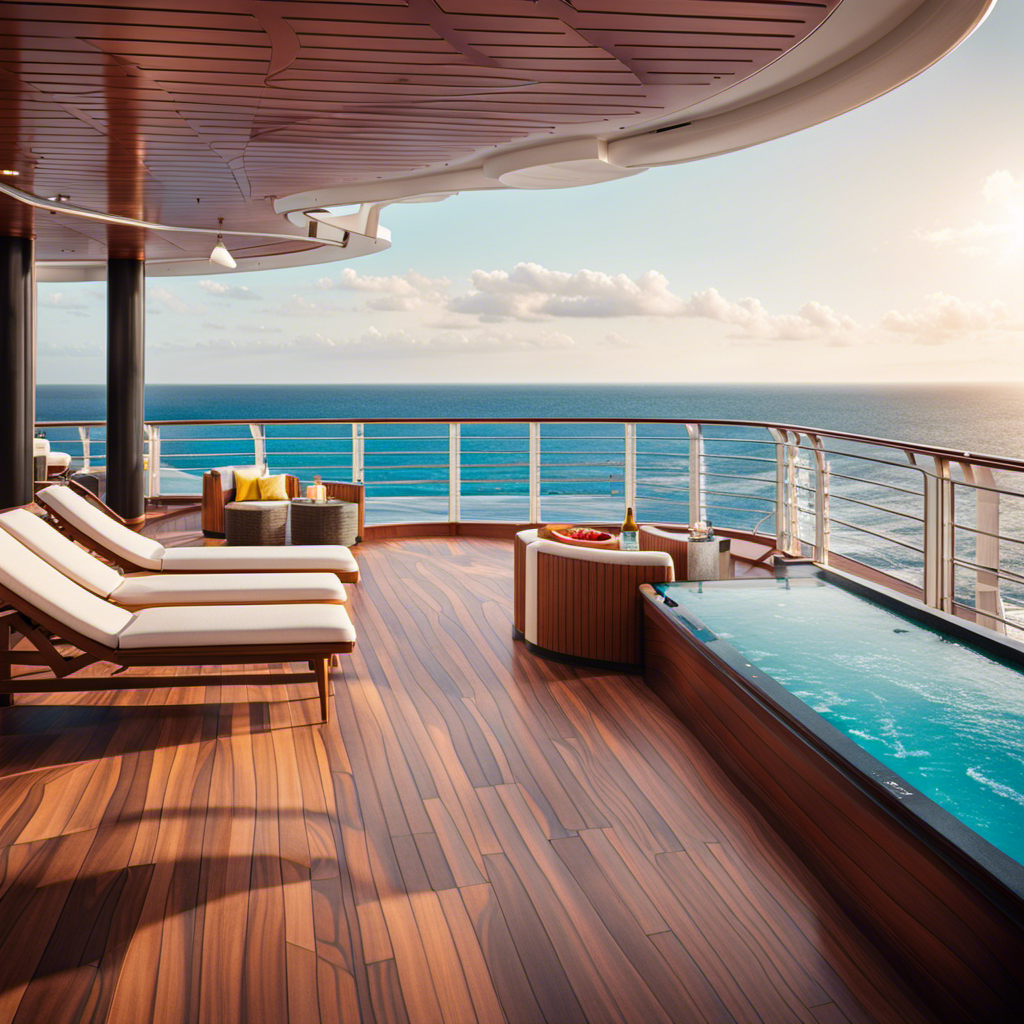 An image showcasing the newly renovated Norwegian Joy, featuring a luxurious spa with glass walls overlooking the ocean, a chic cocktail bar with sleek interiors, and a vibrant outdoor deck with plush loungers and an infinity pool