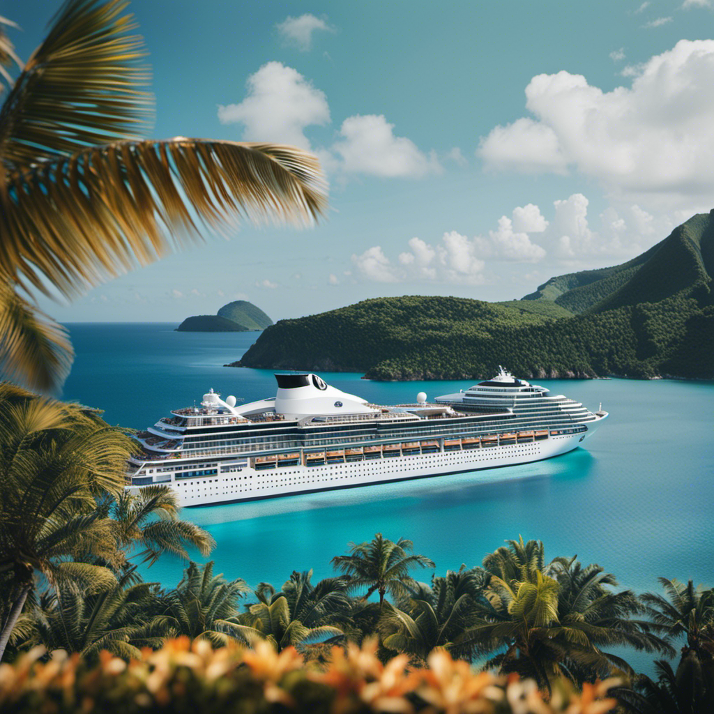 An image showcasing a luxurious cruise ship, surrounded by vibrant blue waters