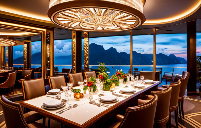 Ing image captures a gleaming cruise ship's elegant dining room, adorned with exquisite chandeliers and lavish table settings