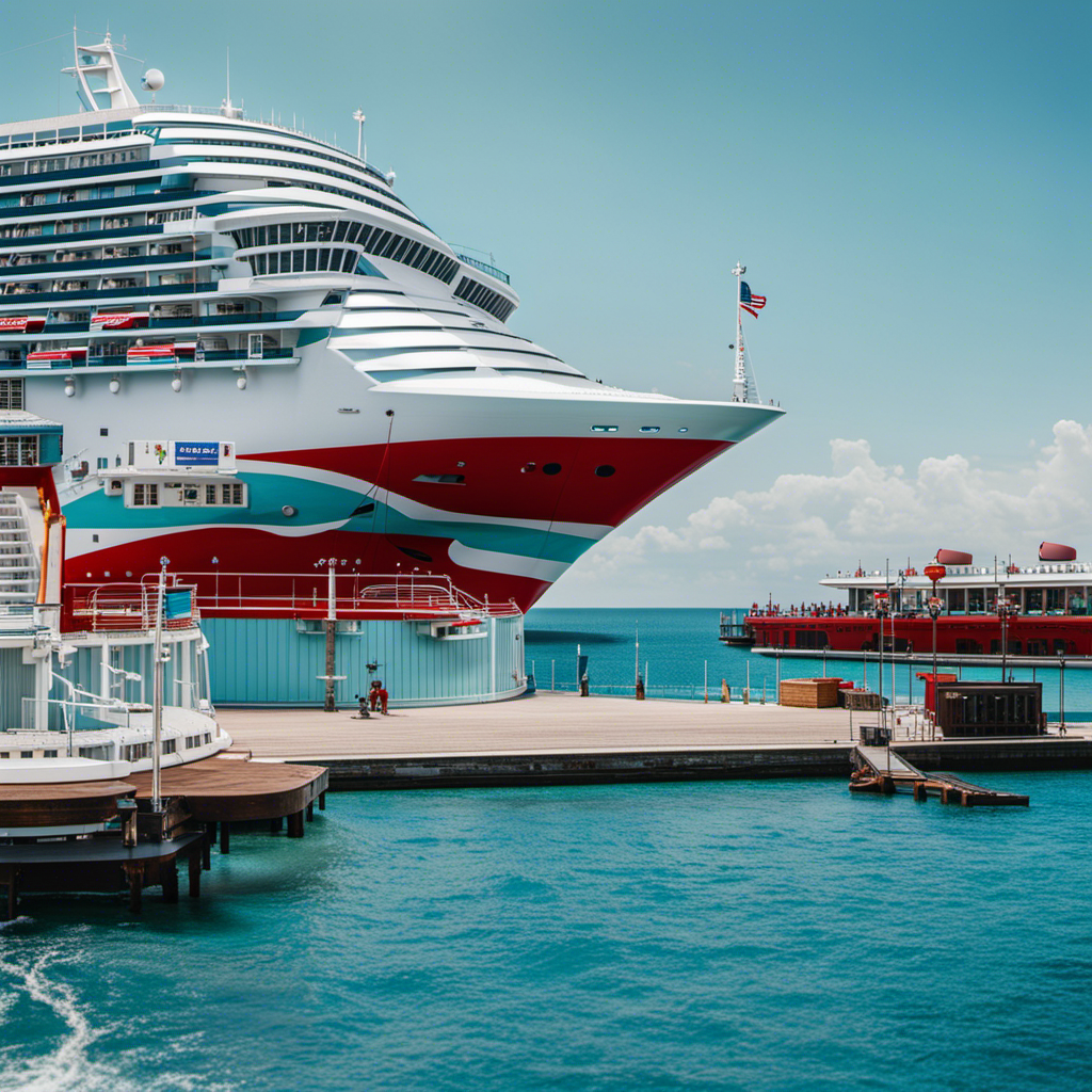 An image capturing the majestic Carnival Freedom cruise ship sailing gracefully against a backdrop of cerulean skies and azure waters, with its newly repaired and vibrant red funnel proudly standing tall, symbolizing resilience and a triumphant return