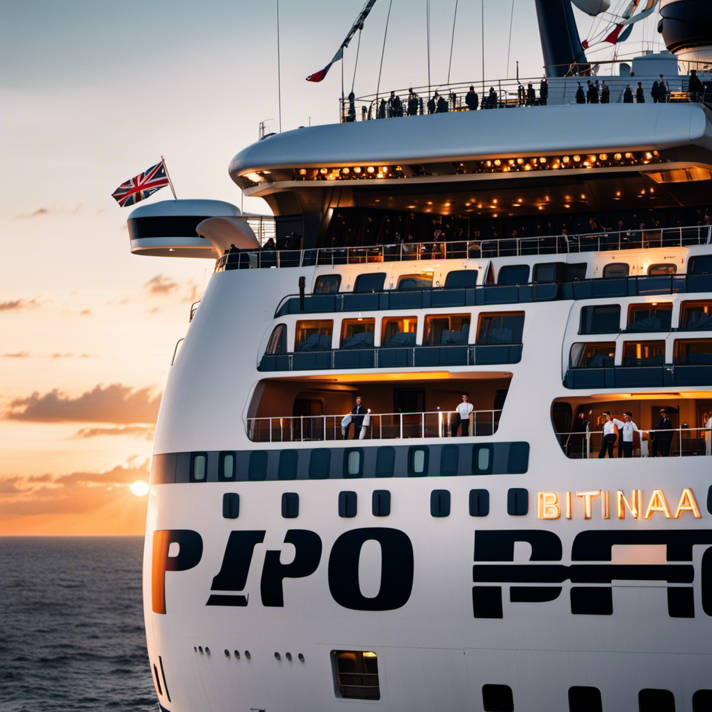 the essence of P&O Britannia's Transatlantic Journey: As the sun sets, the majestic ship glides through rough Atlantic waters, its resilient crew standing tall on the deck, ready to conquer the thrilling adventures that lie ahead