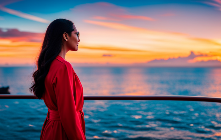 An image showcasing a vibrant, confident lady exploring exotic destinations on a luxurious Virgin Voyages ship