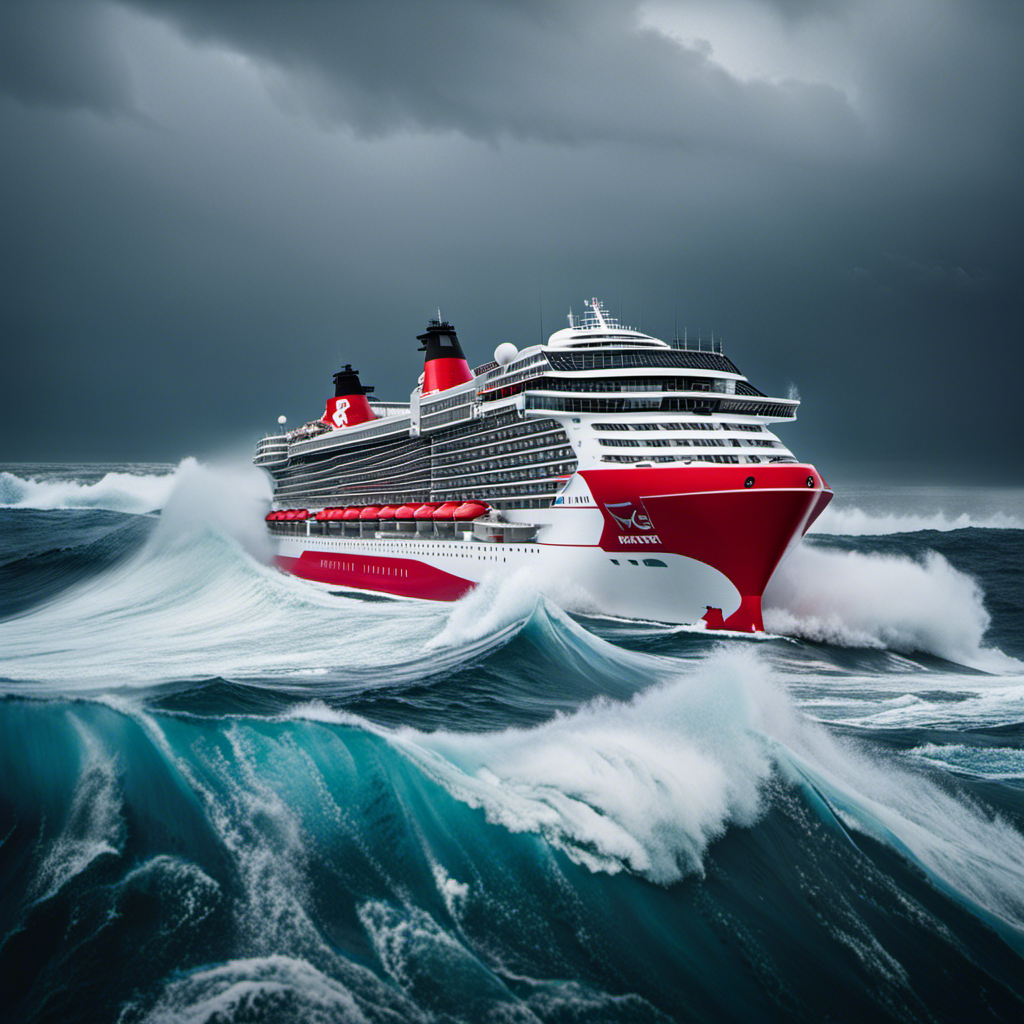 An image showcasing the Resilient Lady, a Virgin Voyages ship, amidst a stormy sea, surrounded by waves crashing against her sturdy hull