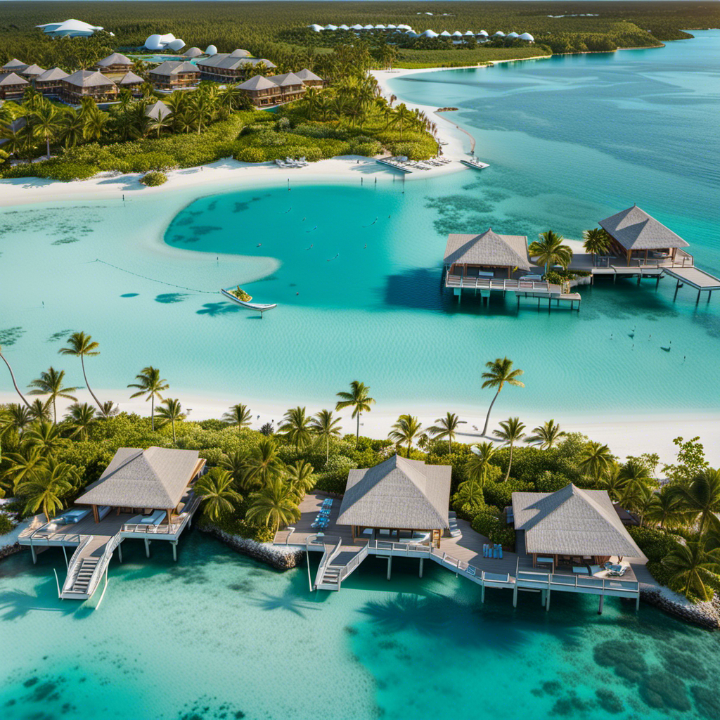 An image showcasing Ocean Cay's remarkable sustainable transformation: vibrant coral reefs teeming with marine life, crystal-clear turquoise waters, palm-fringed beaches, and lush greenery harmoniously blending with eco-friendly structures, a true paradise reborn