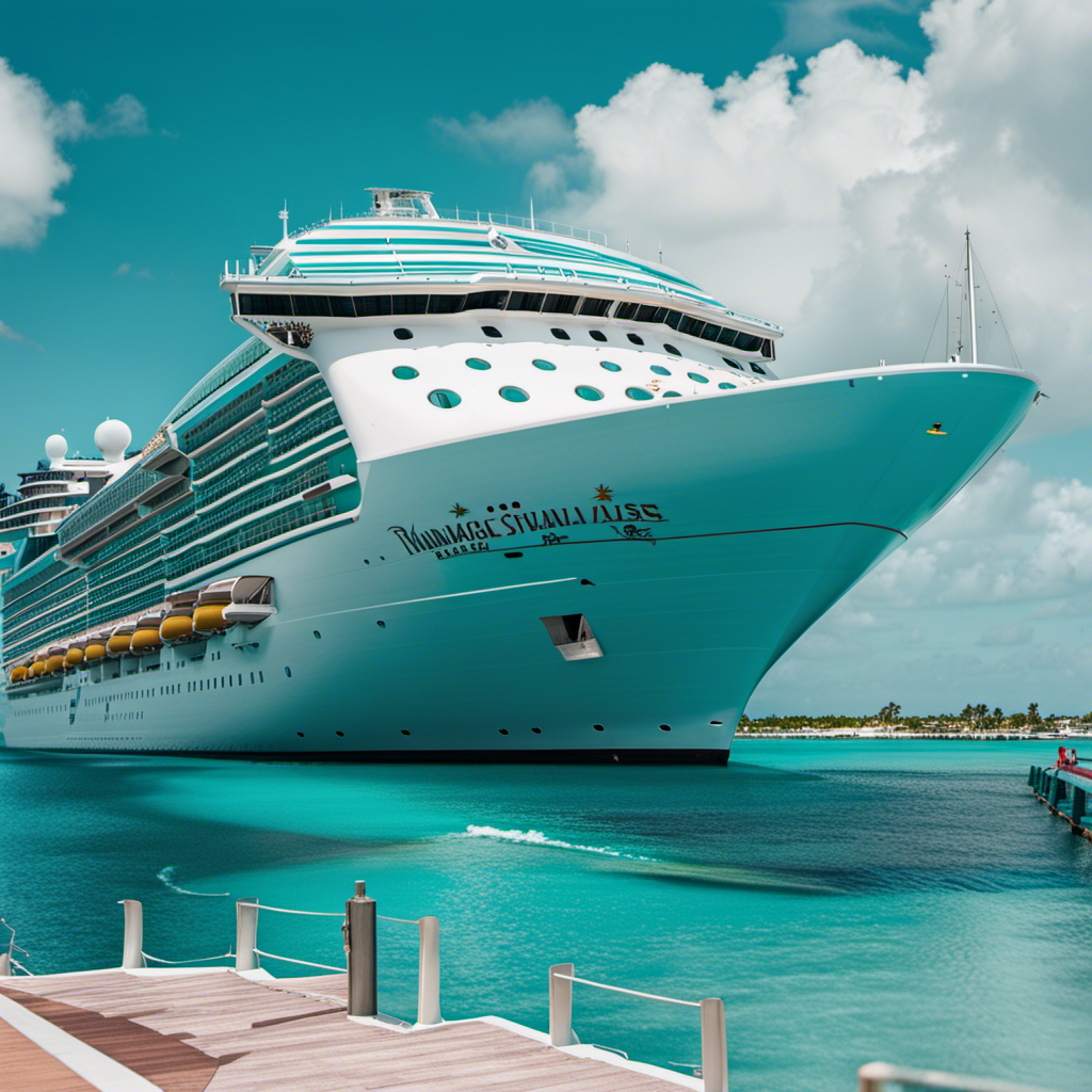 An image showcasing a majestic Bahamas Paradise Cruise Line ship docked at the vibrant Nassau harbor amidst crystal-clear turquoise waters, with excited passengers disembarking to explore the tropical paradise