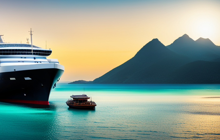 An image featuring a majestic ocean liner surrounded by crystal-clear turquoise waters, its decks bustling with excited passengers sporting sun hats and sipping colorful cocktails, as the vessel prepares to embark on an unforgettable voyage