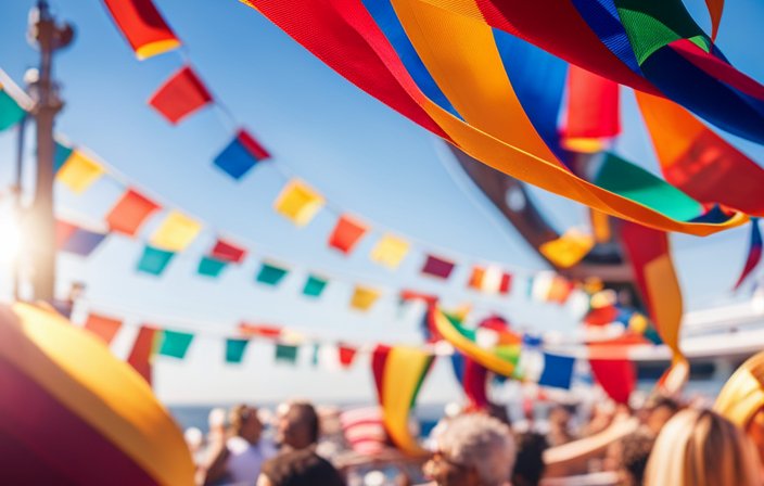 An image of a sun-drenched deck on a vibrant cruise ship, adorned with colorful banners and streamers