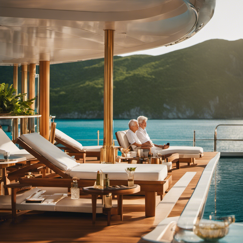 An image capturing the idyllic retirement on a cruise ship: A sun-kissed deck adorned with comfortable loungers, a sparkling infinity pool overlooking the ocean, and smiling retirees savoring exotic cocktails while basking in the warm sea breeze
