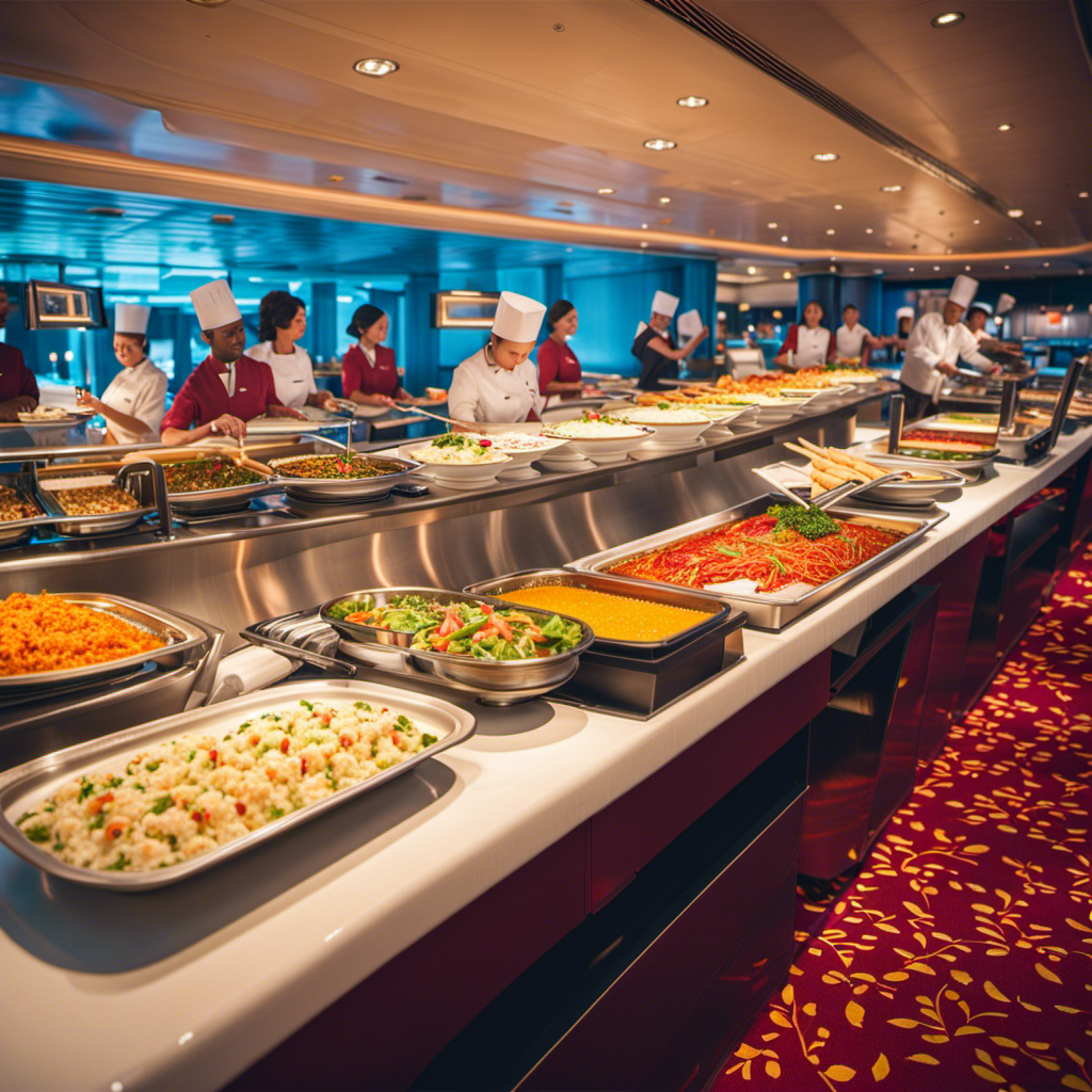 An image capturing the vibrant scene on a Royal Caribbean cruise ship, with passengers happily helping themselves to a wide array of delectable dishes at the newly reintroduced self-service buffets