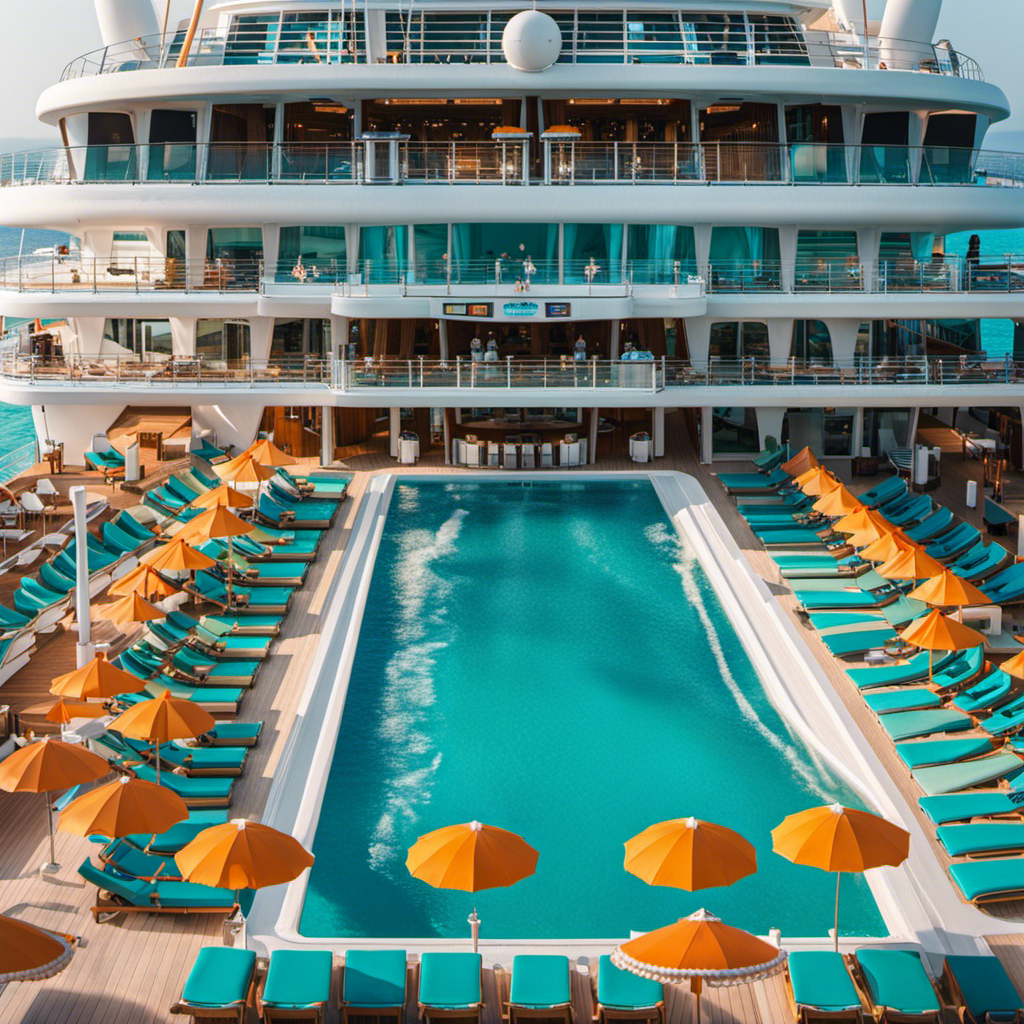 An image showcasing a pristine cruise ship deck, adorned with loungers and colorful umbrellas, surrounded by crystal-clear turquoise waters, while joyful passengers engage in safe and thrilling onboard activities