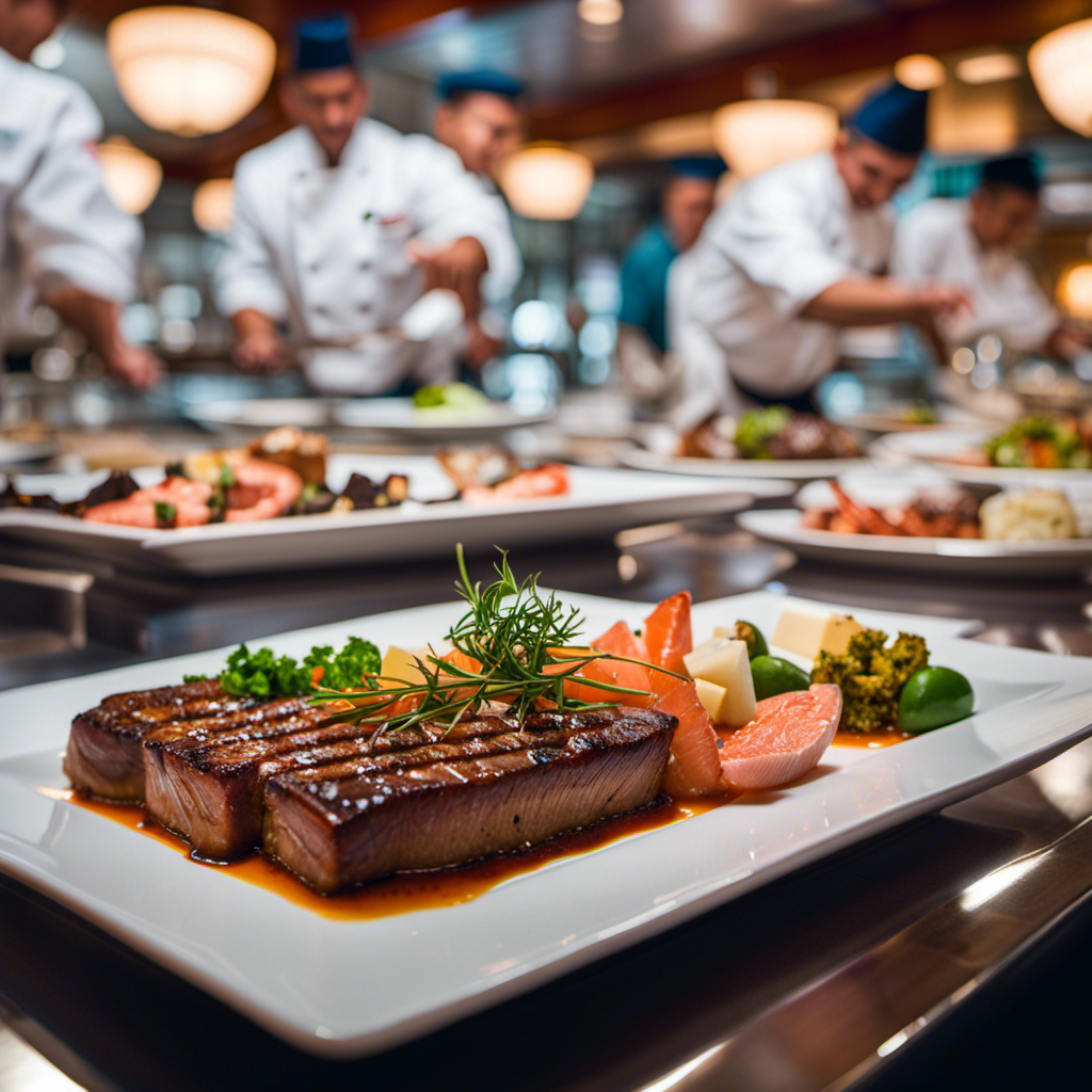 An image showcasing a vibrant, bustling cruise ship dining room with elegant tables adorned with gourmet dishes, as chefs skillfully prepare succulent seafood, mouthwatering steaks, and delectable desserts in an open kitchen