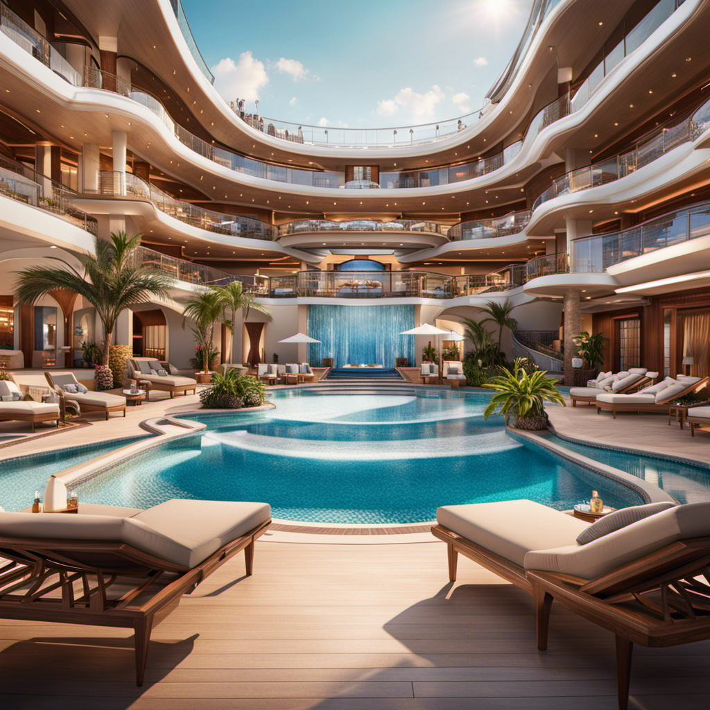 the luxurious transformation of the Norwegian Joy: A serene spa oasis adorned with cascading waterfalls, plush sunbeds on a private beach club, and opulent suites boasting panoramic ocean views