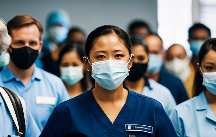 An image showcasing Norwegian Cruise Line's new testing protocols: a diverse group of passengers wearing face masks, standing in line, awaiting temperature checks, with staff in protective gear conducting rapid COVID-19 tests