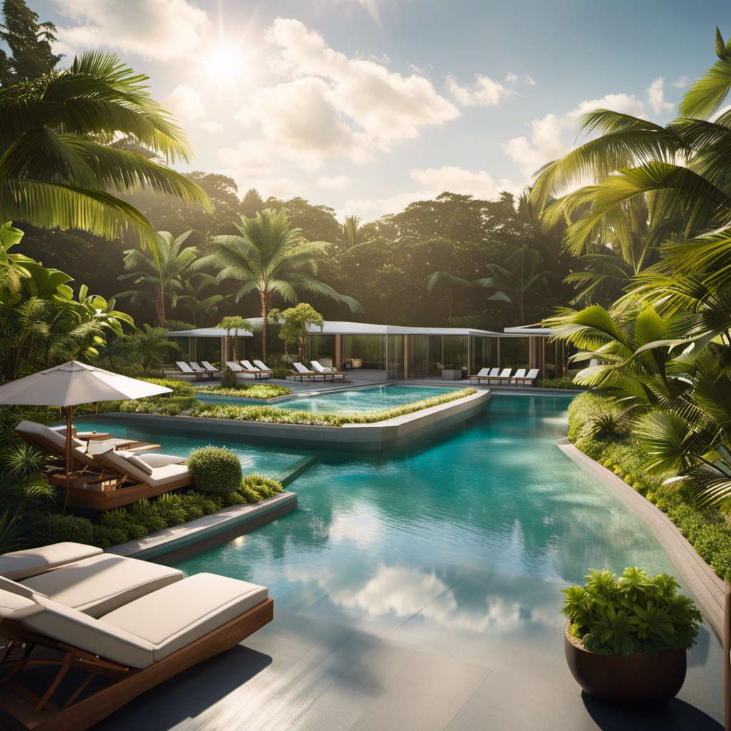 An image showcasing the serene atmosphere of Celebrity Apex's spa: soft, diffused lighting illuminates a tranquil space filled with lush greenery, plush lounge chairs, and a sparkling infinity pool inviting relaxation and rejuvenation