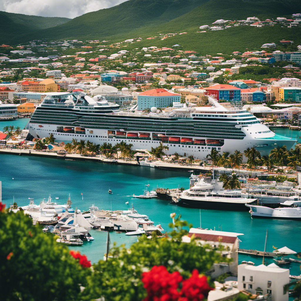 An image showcasing a bustling cruise port, adorned with vibrant, colorful buildings, a newly appointed CEO at the helm, and a thriving atmosphere symbolizing the revival and advancement of Port St