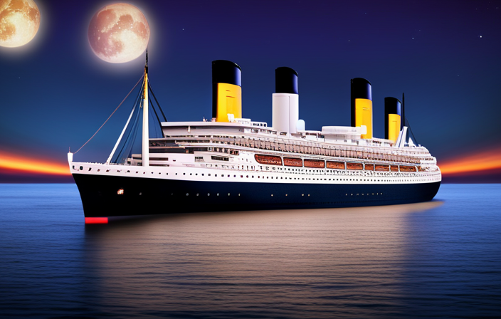 An image showcasing a grand ocean liner sailing under a starry night sky, adorned with vintage movie posters