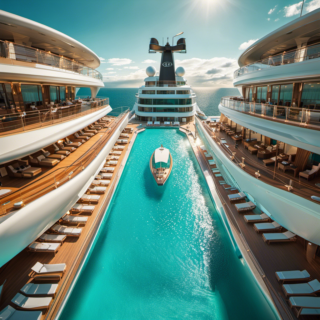 Ing image captures the bow of a sleek cruise ship, adorned with a striking logo, gliding through crystal-clear turquoise waters