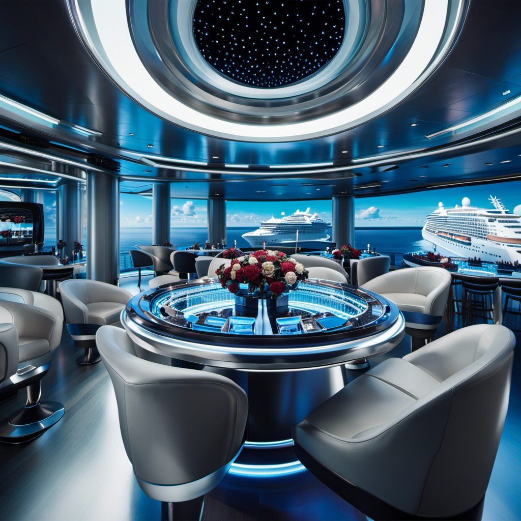 An image capturing the futuristic allure of quantum-class cruise ships: sleek, silver vessels adorned with cutting-edge technology, boasting panoramic glass walls, robotic bartenders, and passengers immersed in virtual reality entertainment
