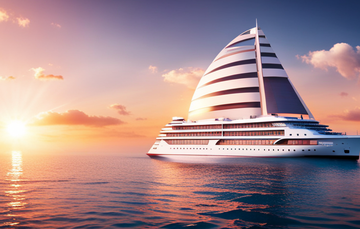An image showcasing the Viking Grace ship gliding across azure waves, adorned with sleek and towering rotor sails