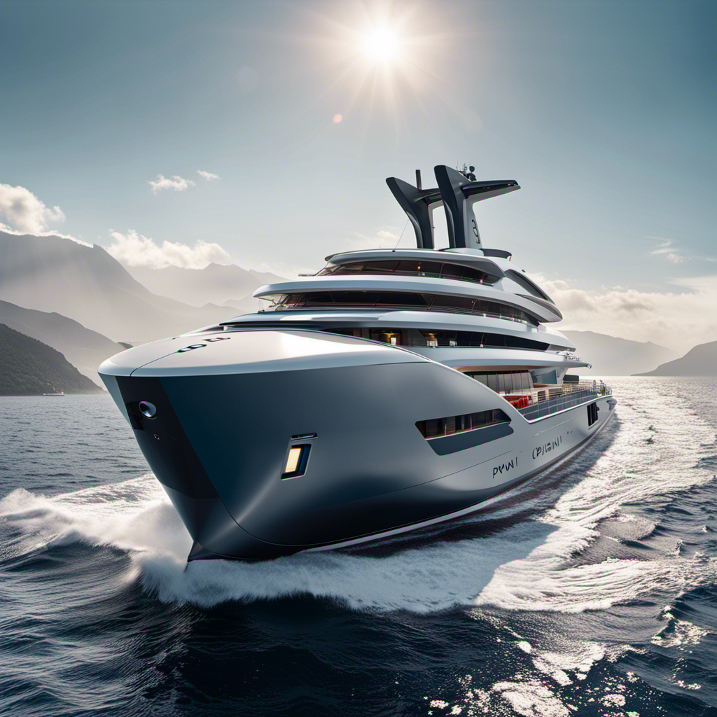 An image showcasing PONANT's groundbreaking carbon-free ocean vessel, featuring sleek and futuristic design elements, advanced technology, and sustainable features such as solar panels, wind turbines, and electric propulsion