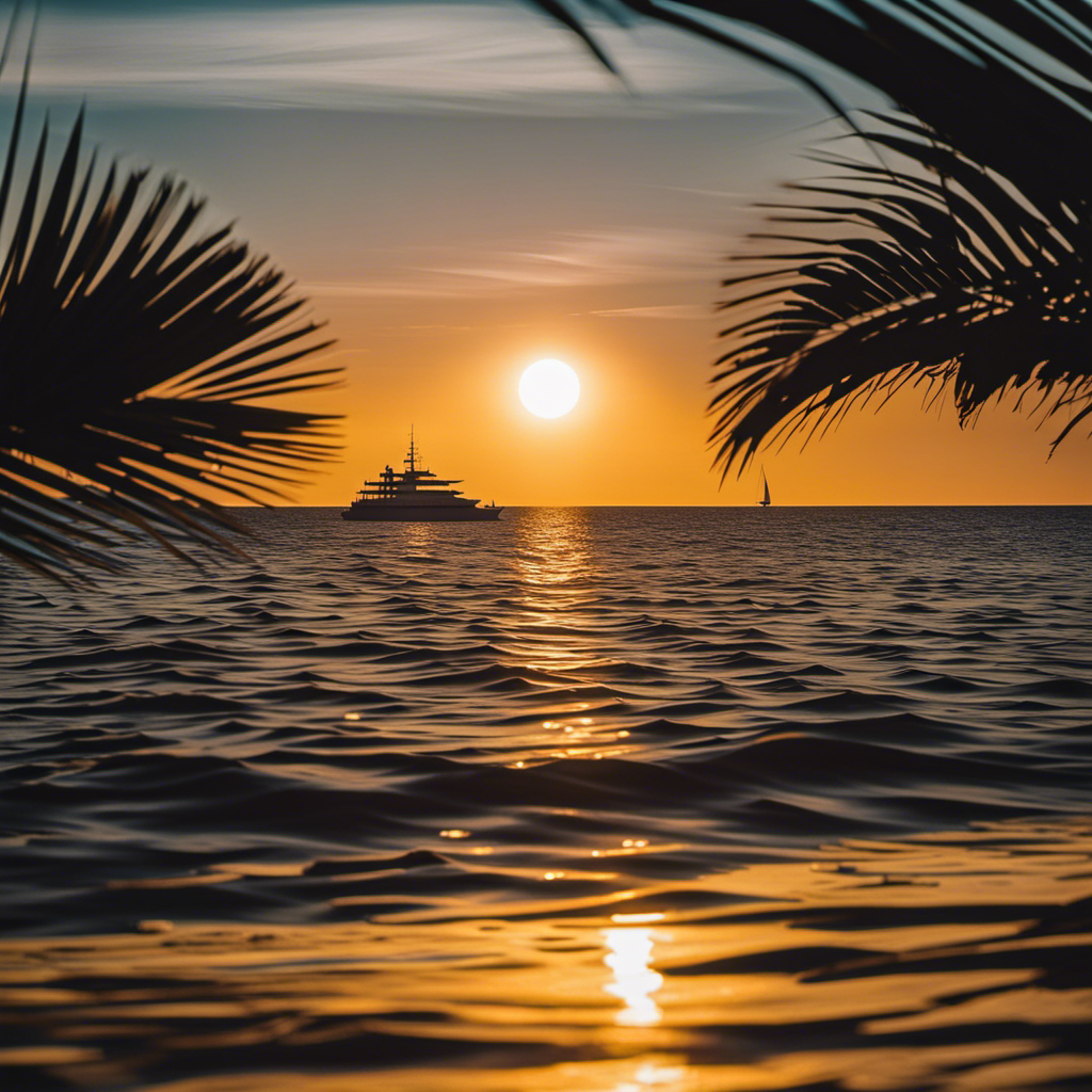An image depicting a serene sunset over a tranquil sea, with a golden yacht sailing towards the horizon