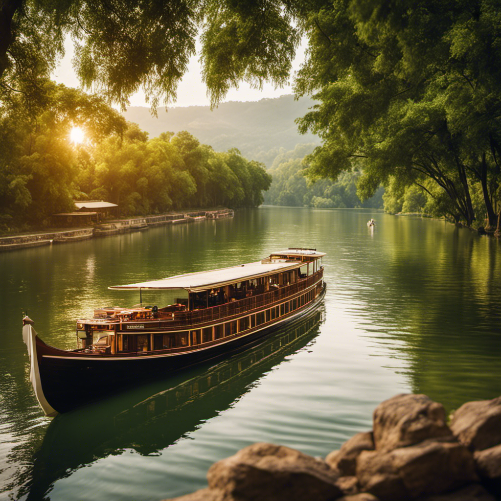 An image showcasing a serene river lined with lush greenery and dotted with elegant riverboats