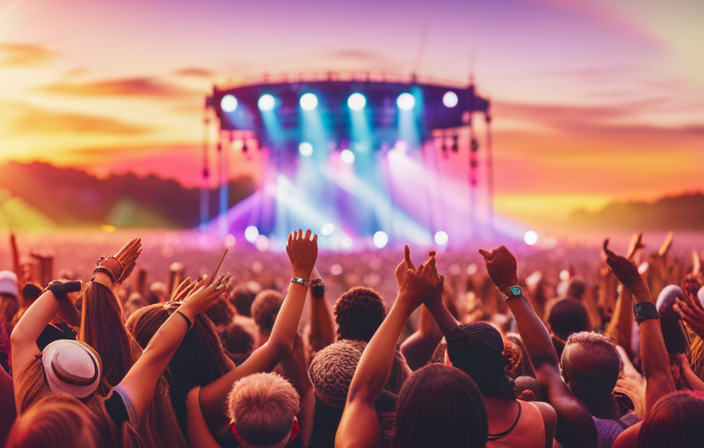 An image capturing a vibrant music festival scene at sunset