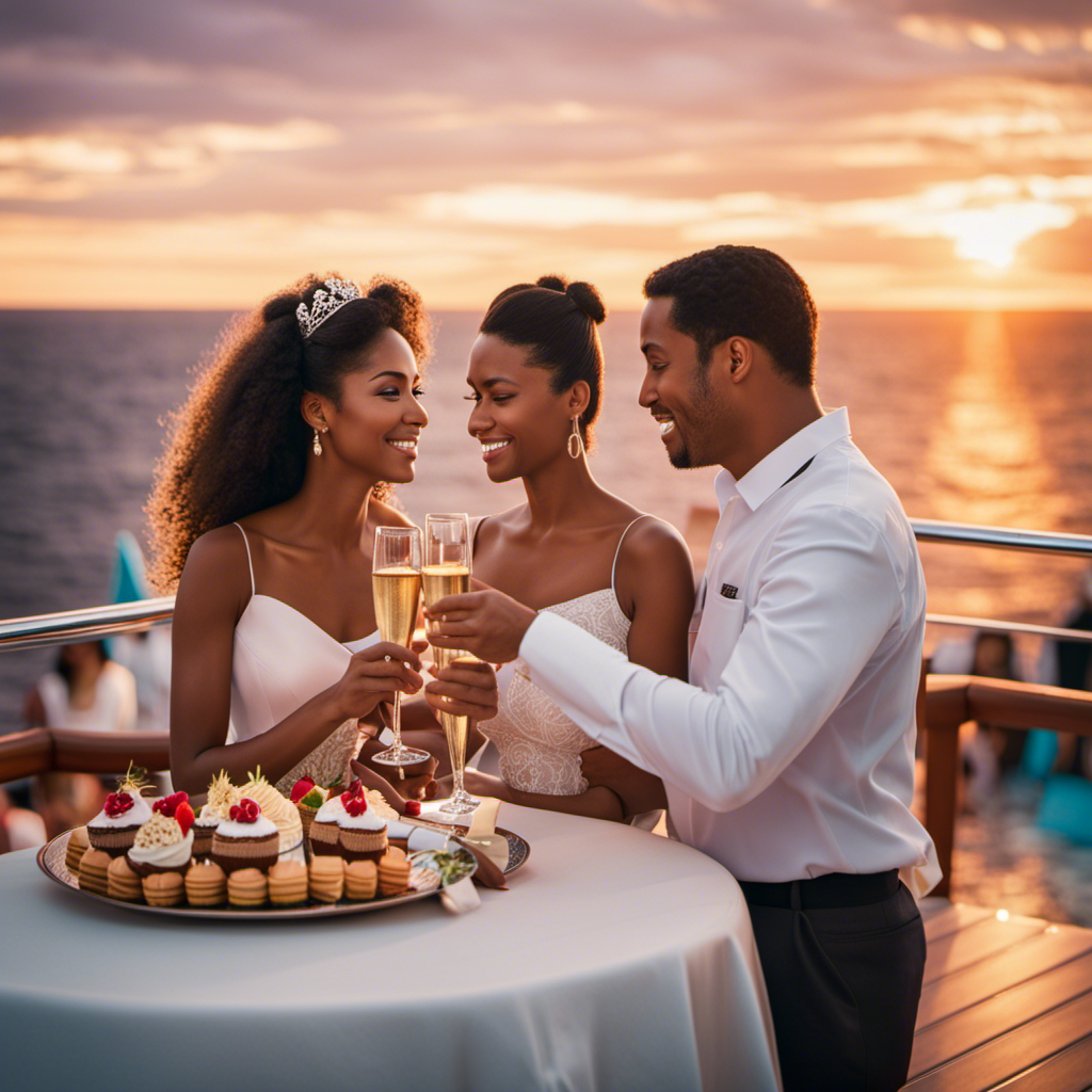An image of a couple on the deck of a luxurious Princess Cruise ship, hand in hand, surrounded by a stunning sunset, while being served heart-shaped desserts and champagne by attentive staff
