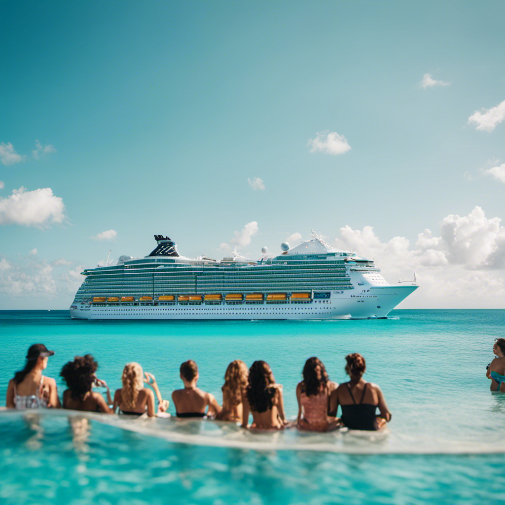 An image showcasing a vibrant cruise ship sailing through crystal-clear turquoise waters, with a diverse group of happy passengers on the deck, symbolizing Royal Caribbean's updated vaccination policy for Florida-Bahamas cruises
