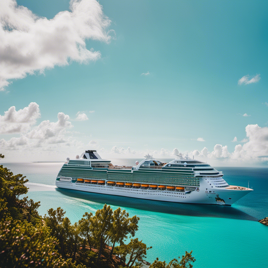 An image showcasing a majestic Royal Caribbean cruise ship sailing through the turquoise waters of Bermuda, surrounded by the iconic pink sand beaches and lush green hills, while passengers enjoy various onboard activities and breathtaking views