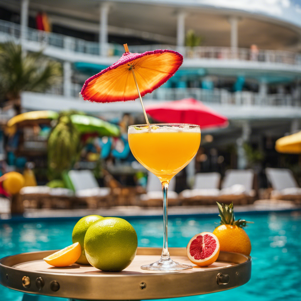 An image showing a vibrant poolside scene on a Royal Caribbean cruise ship, with colorful tropical cocktails served in tall glasses, adorned with umbrellas and slices of fresh fruit, enticing readers to explore the comprehensive guide to Royal Caribbean drink packages