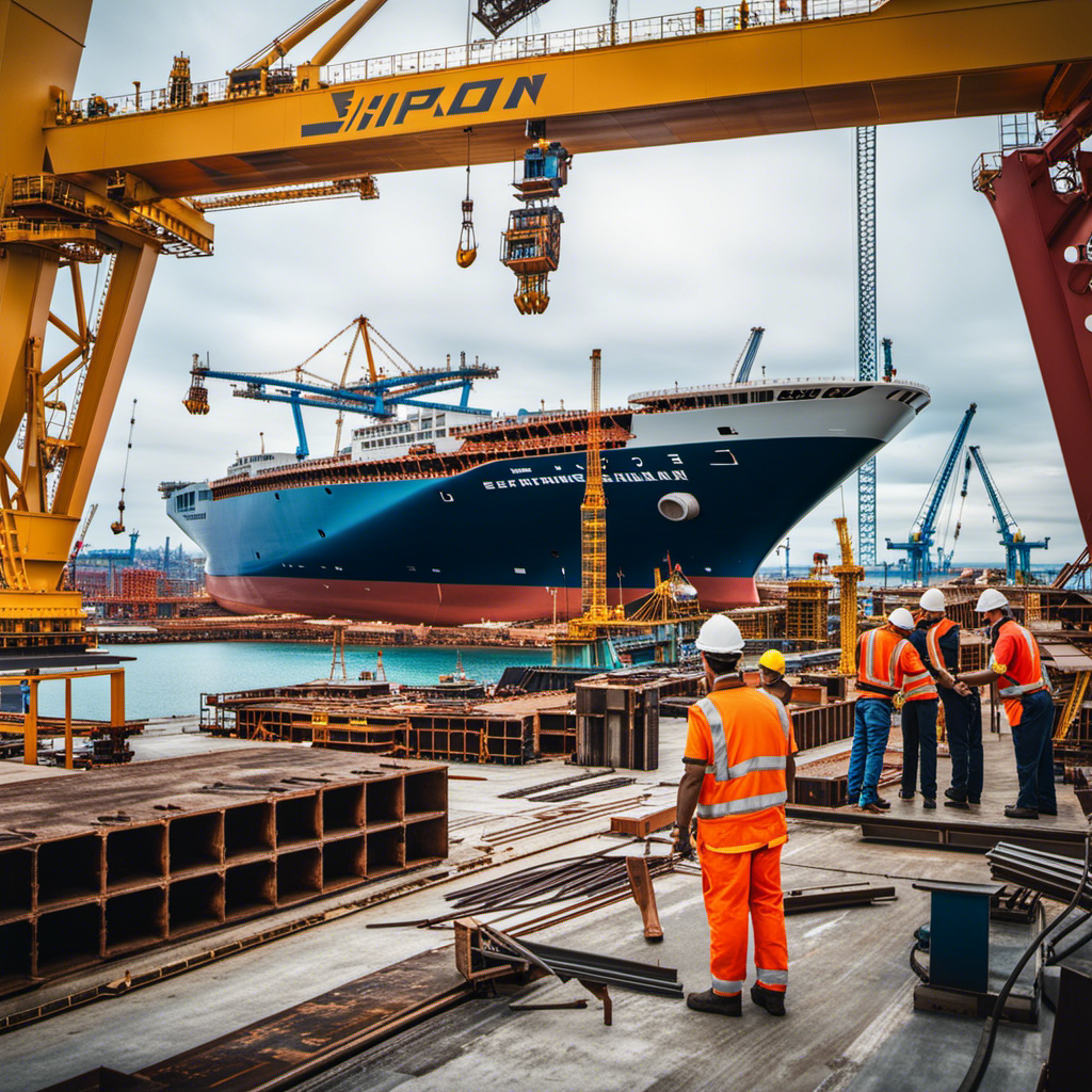 An image showcasing a massive shipyard bustling with activity as cranes delicately lift gigantic steel sections, workers in hard hats meticulously welding, and engineers meticulously inspecting the construction of Royal Caribbean's groundbreaking Icon Class ship