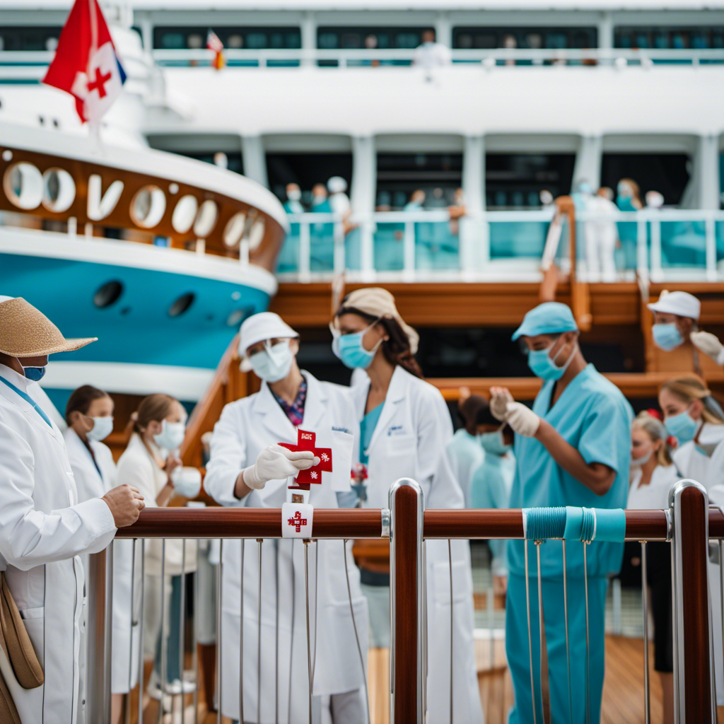 An image of a luxurious cruise ship deck, adorned with vibrant banners displaying medical crosses and vaccination symbols