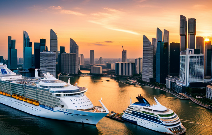 An image showcasing the majestic Quantum of the Seas docked at Singapore's vibrant harbor, surrounded by a bustling cityscape