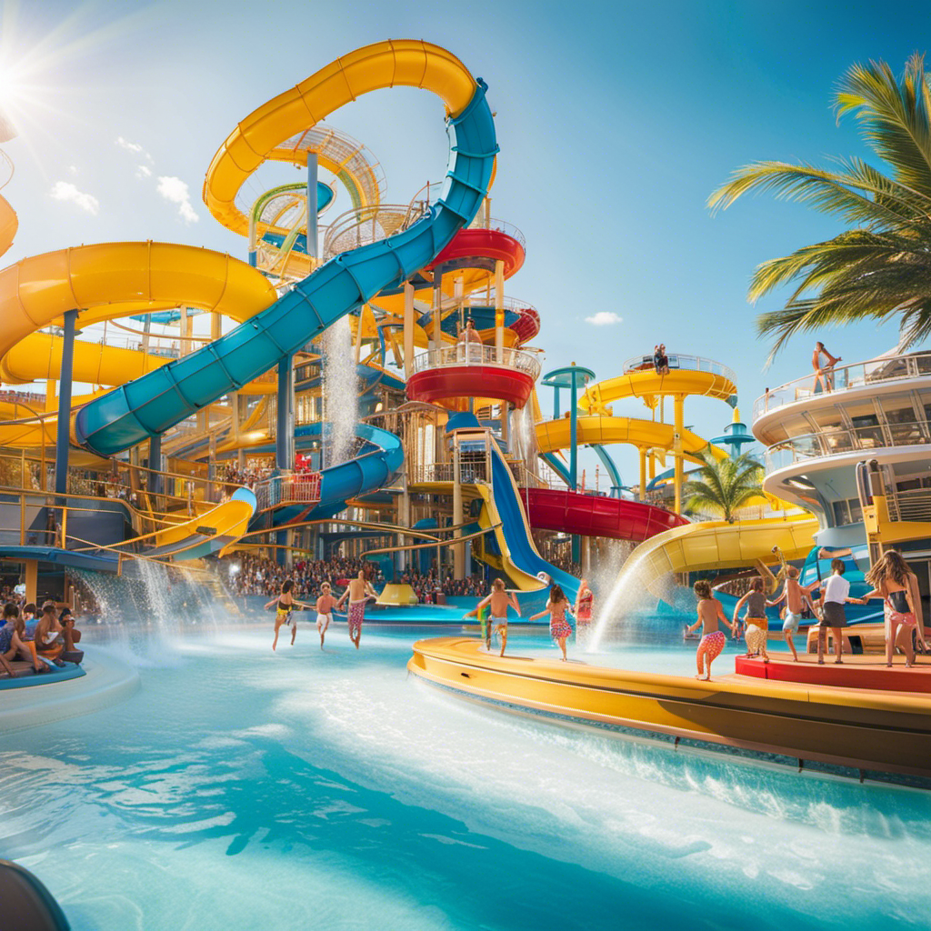 An image of a vibrant, multi-level water park on a Royal Caribbean ship, complete with thrilling slides, splash pads, and happy families enjoying the exhilarating attractions, showcasing the perfect blend of family-friendliness, innovation, and sustainability