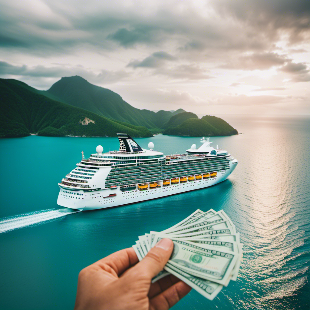 An image featuring a gleaming cruise ship towering above a serene turquoise sea