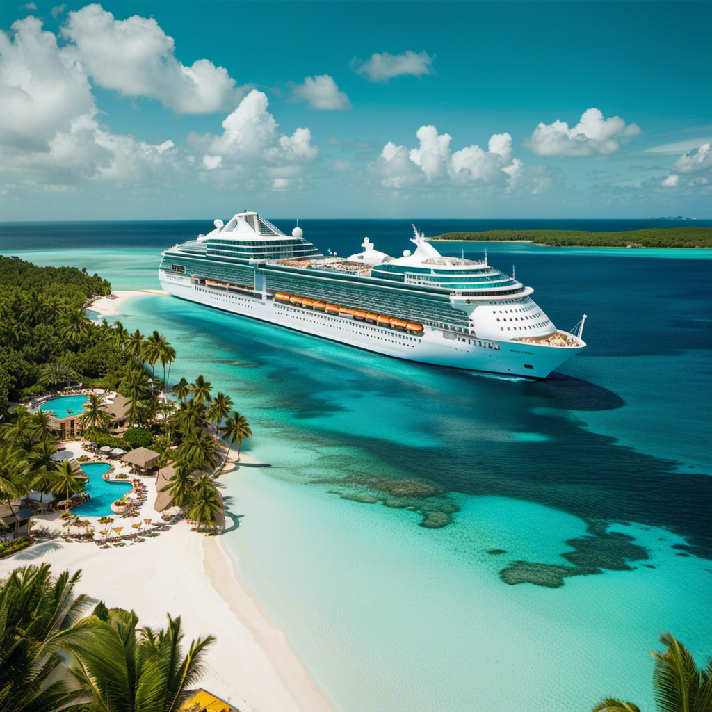 An image featuring a luxurious Royal Caribbean cruise ship sailing on crystal-clear turquoise waters, surrounded by breathtaking tropical islands