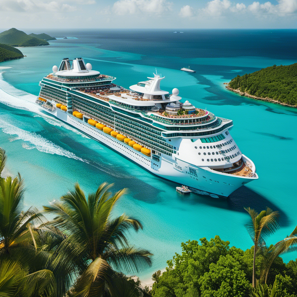 An image of a luxurious Royal Caribbean cruise ship sailing on crystal-clear turquoise waters, with smiling volunteers sunbathing on deck, savoring gourmet cuisine, and enjoying thrilling water slides against a backdrop of breathtaking tropical islands