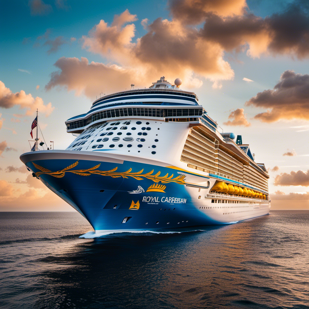 An image showcasing a majestic cruise ship, adorned with vibrant flags and surrounded by excited vacationers, symbolizing Royal Caribbean's record-breaking booking achievement with the Icon of the Seas announcement