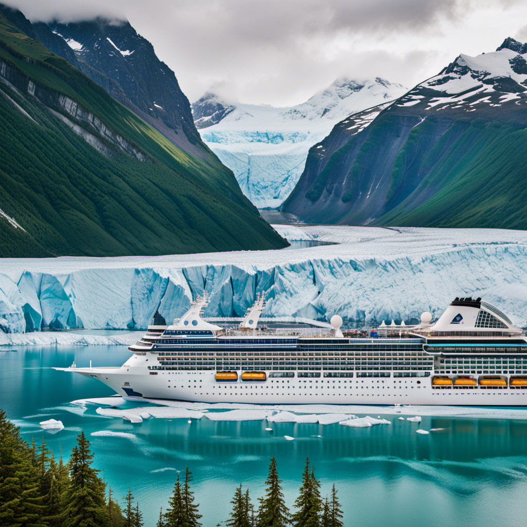 An image showcasing a majestic Alaskan glacier backdrop with a Royal Caribbean cruise ship docked in the foreground