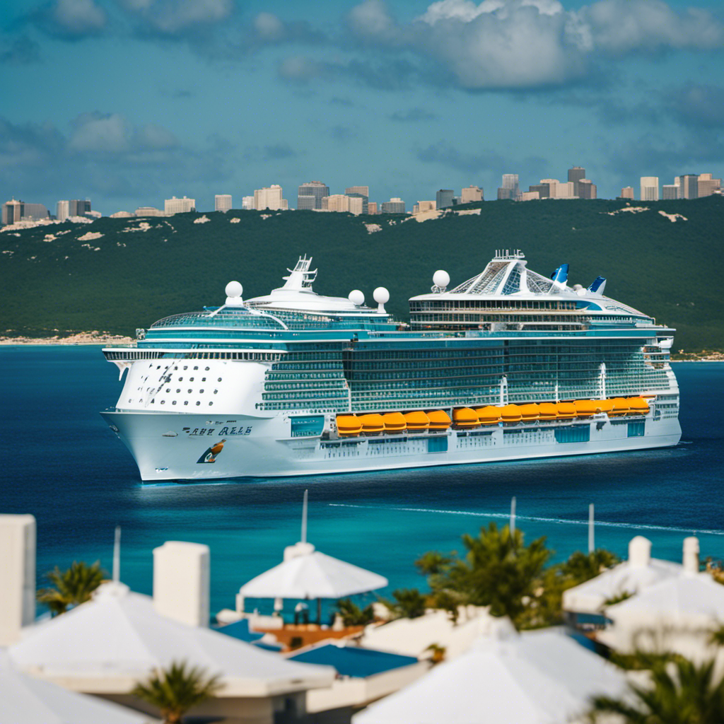 An image showcasing the majestic Royal Caribbean cruise ship, Allure of the Seas, sailing towards the vibrant Texan coastline