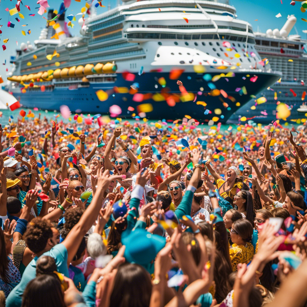 An image that captures the essence of Royal Caribbean's Hometown Hero Godmother contest: a joyous crowd cheering on a remarkable local hero, surrounded by vibrant confetti, against the backdrop of a magnificent cruise ship