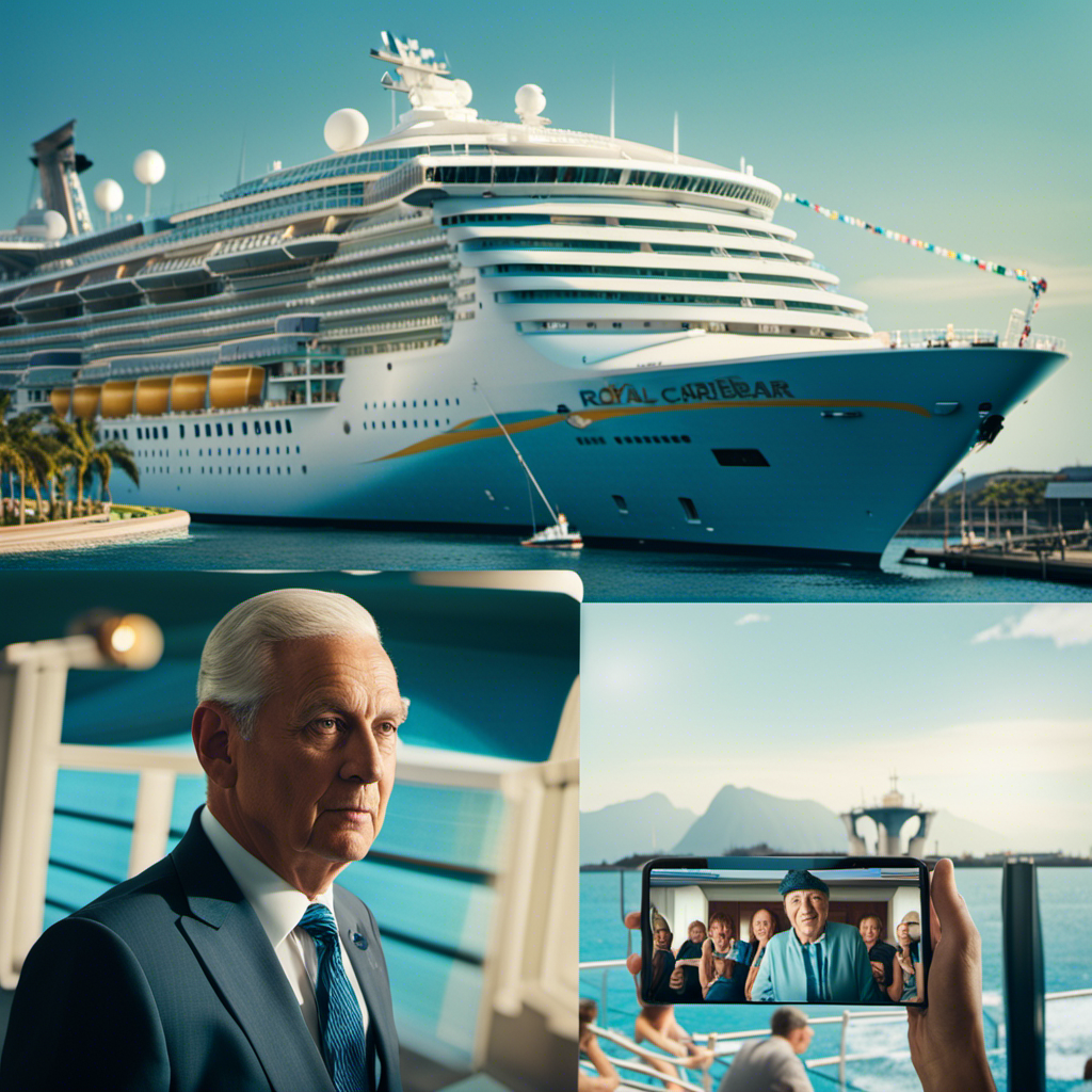 An image featuring a split-screen view of a Royal Caribbean cruise ship's surveillance footage: on one side, show the grandfather engaging in risky behavior, and on the other, capture his family's alarmed expressions to support allegations of his awareness
