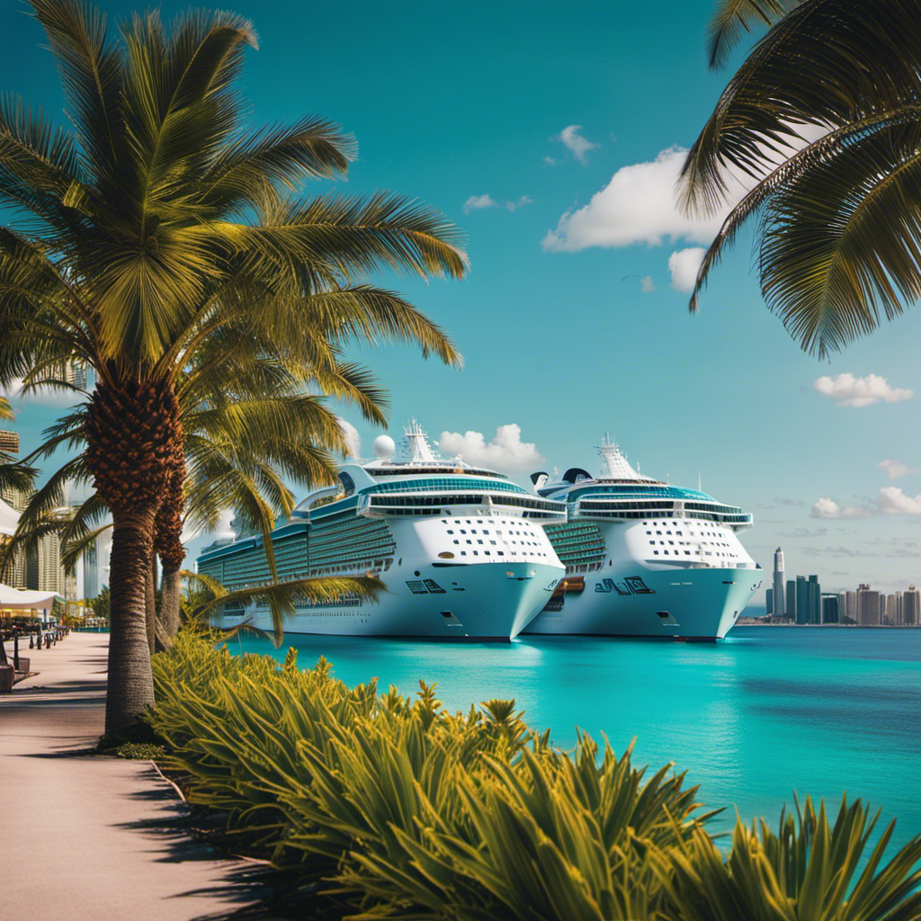 An intriguing image of Royal Caribbean's majestic new ships docked at the enigmatic homeport, surrounded by crystalline turquoise waters, towering palm trees, and an enchanting skyline bustling with vibrant city life