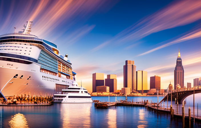 An image capturing the vibrant energy of Royal Caribbean's return to Baltimore Port: a towering cruise ship gliding through the sparkling blue waters, surrounded by cheering crowds, with the iconic city skyline as a backdrop