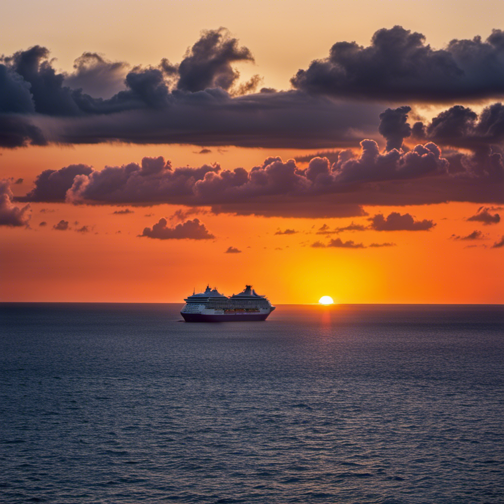 An image showcasing a vibrant sunset over the vast ocean, with a massive Royal Caribbean cruise ship majestically sailing towards the horizon
