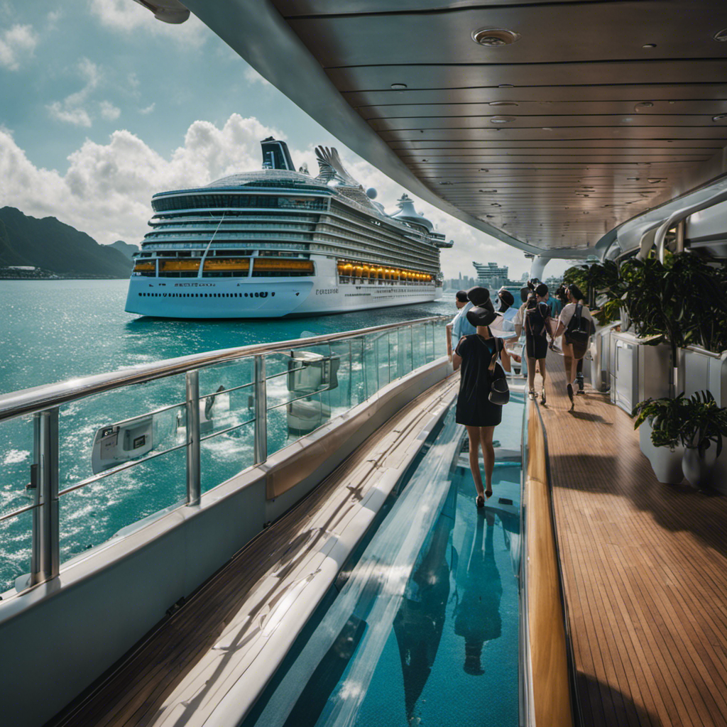 An image capturing the essence of Royal Caribbean's extended Singapore season, showcasing passengers embarking on a state-of-the-art ship, surrounded by cutting-edge health measures like temperature checks, contactless technology, and sanitization stations
