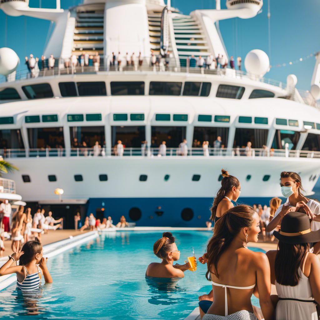An image capturing the vibrant atmosphere of a Royal Caribbean cruise ship, with sun-kissed passengers lounging by the pool, while crew members assist guests with vaccination verification, ensuring a safe and enjoyable journey