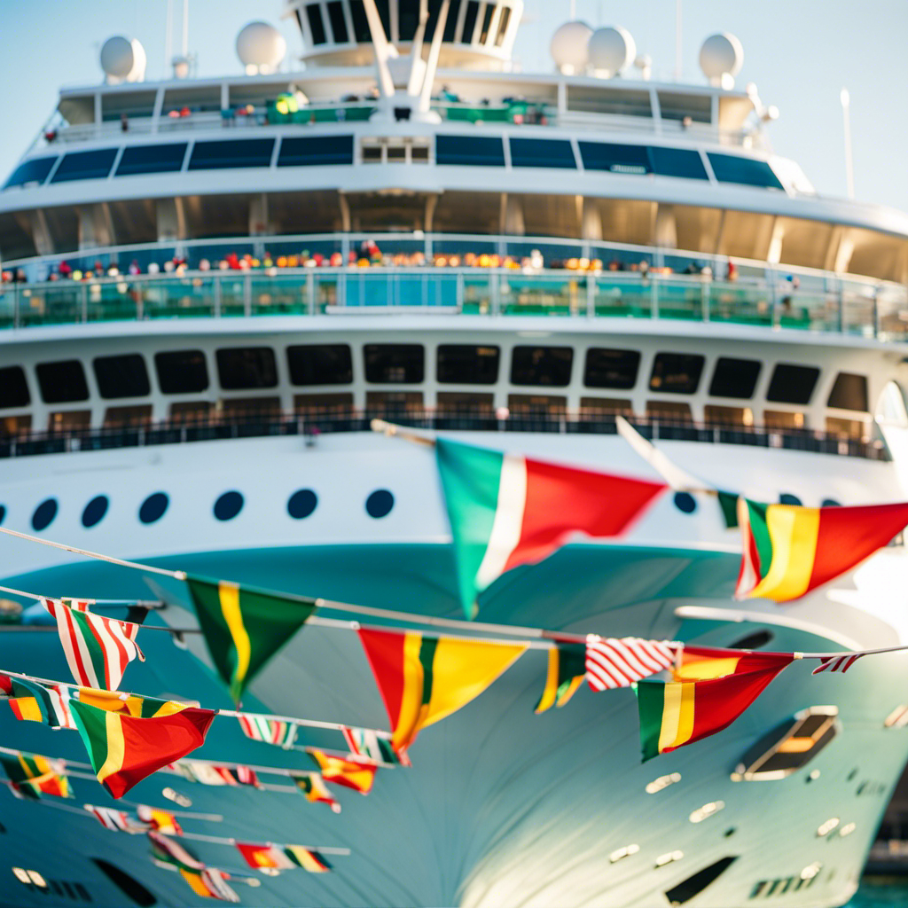 An image capturing the majestic Royal Caribbean's Freedom of the Seas, adorned with vibrant flags fluttering in the sea breeze, showcasing the ship's new approval and requirements