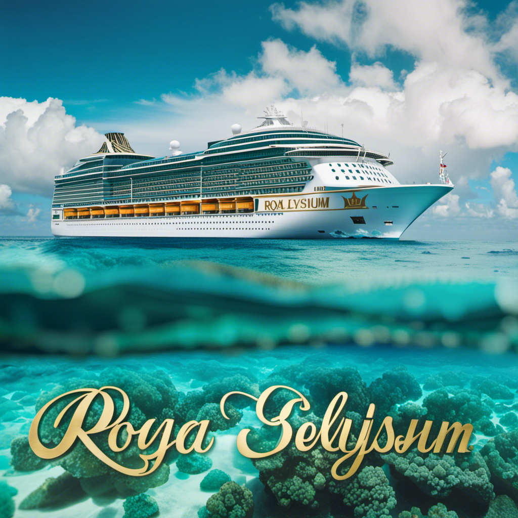 An image showcasing a grand, majestic ship sailing through crystal-clear turquoise waters, adorned with the name "Royal Elysium" in elegant gold lettering, symbolizing the highly anticipated next ship from Royal Caribbean